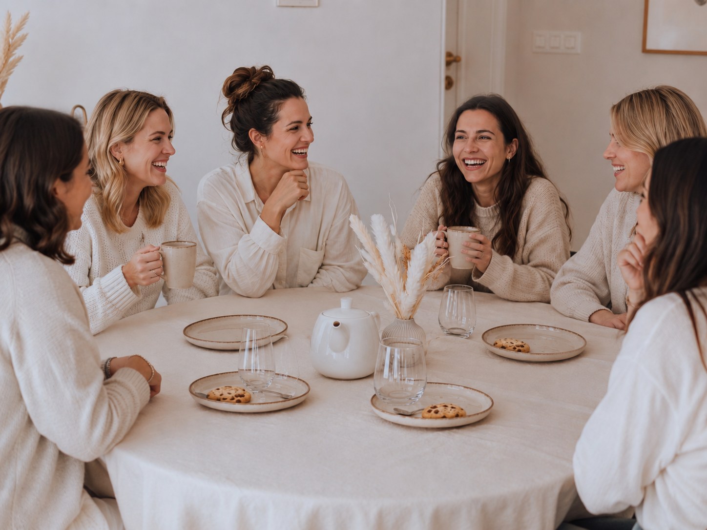 Groupe de futures mamans et amies autour de la table pendant un atelier créatif — Entre Deux