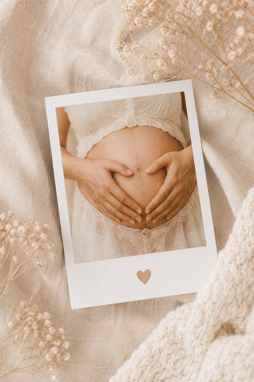 Photo instantanée d'un ventre de future maman, les mains en cœur, glissée dans le carnet — Entre Deux