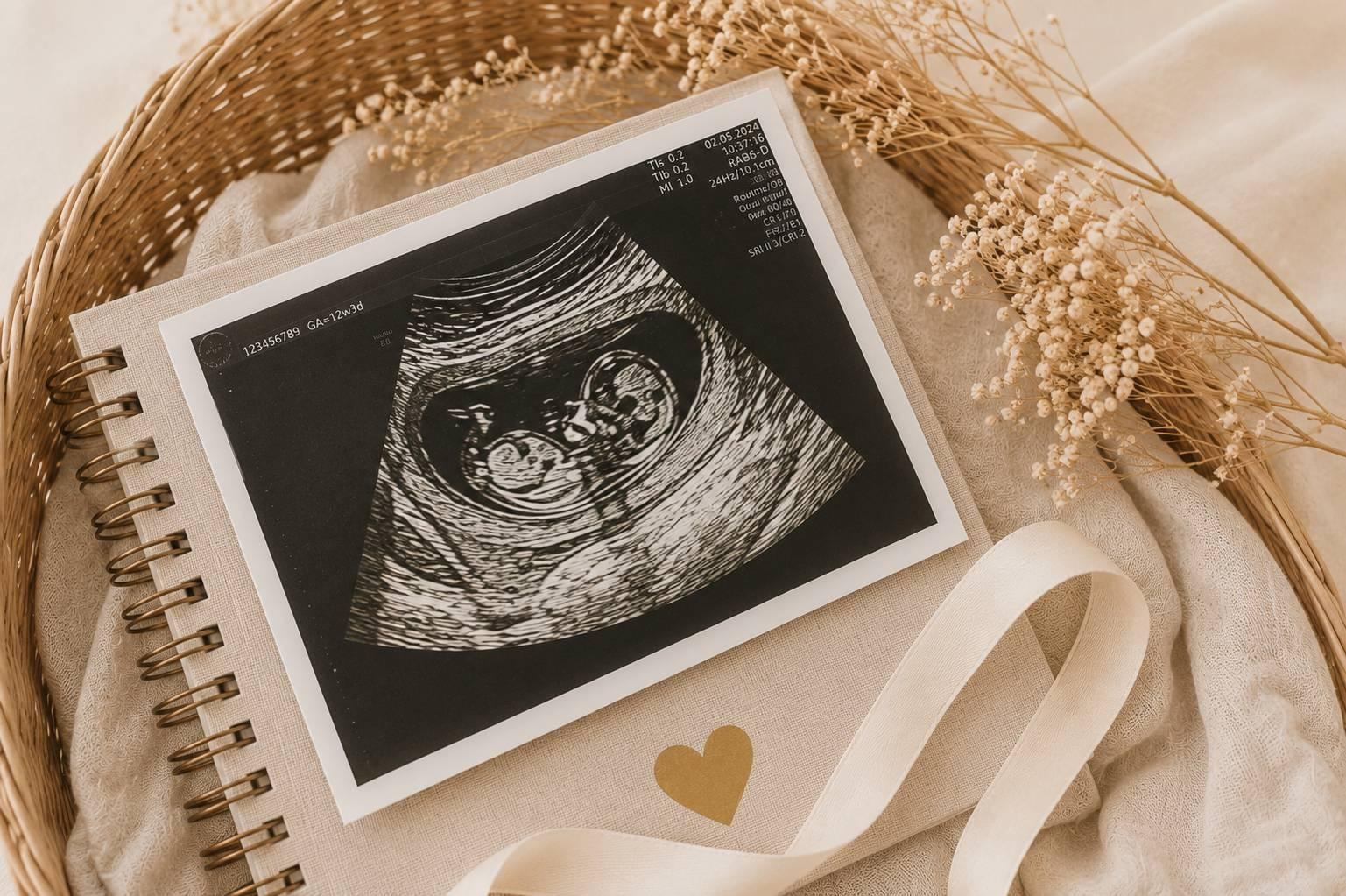 Échographie de bébé posée sur le carnet de grossesse ouvert, entourée de fleurs séchées — Entre Deux