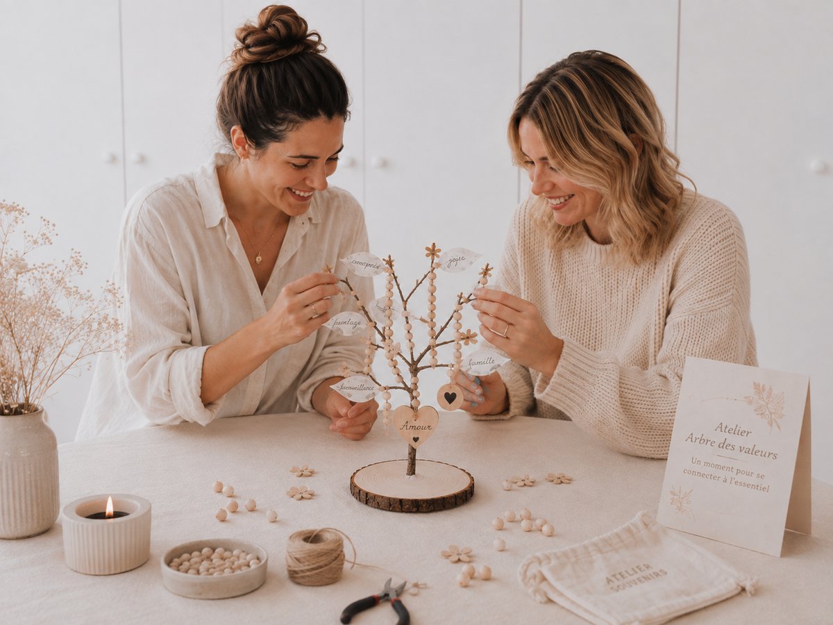 Deux participantes décorant ensemble l'arbre des valeurs lors de l'atelier — Entre Deux