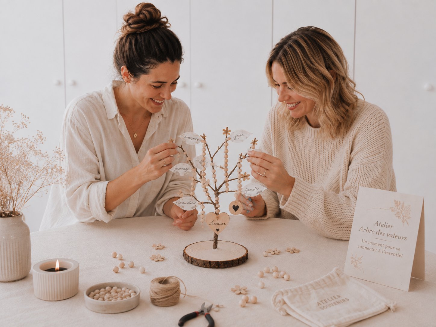 Deux amies assemblant l'arbre des valeurs autour d'une table, à l'atelier des premiers liens — Entre Deux
