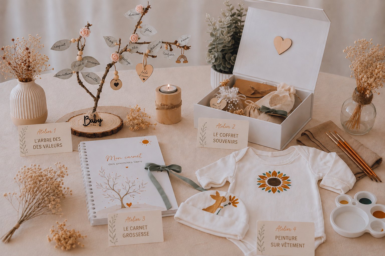 Les quatre créations de l'atelier des premiers liens réunies sur une table : l'arbre des valeurs, le coffret souvenirs, le carnet grossesse et le vêtement peint — Entre Deux